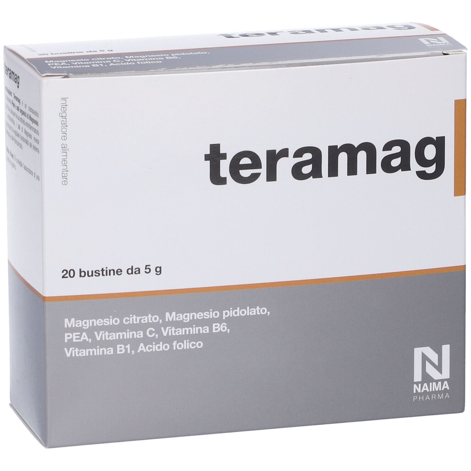 Scatola "teramag" con 20 bustine. Ingredienti: citrato di magnesio, pidolato di magnesio, PEA, vitamina C, B6, B1, acido folico. Marchio: Naima Pharma.