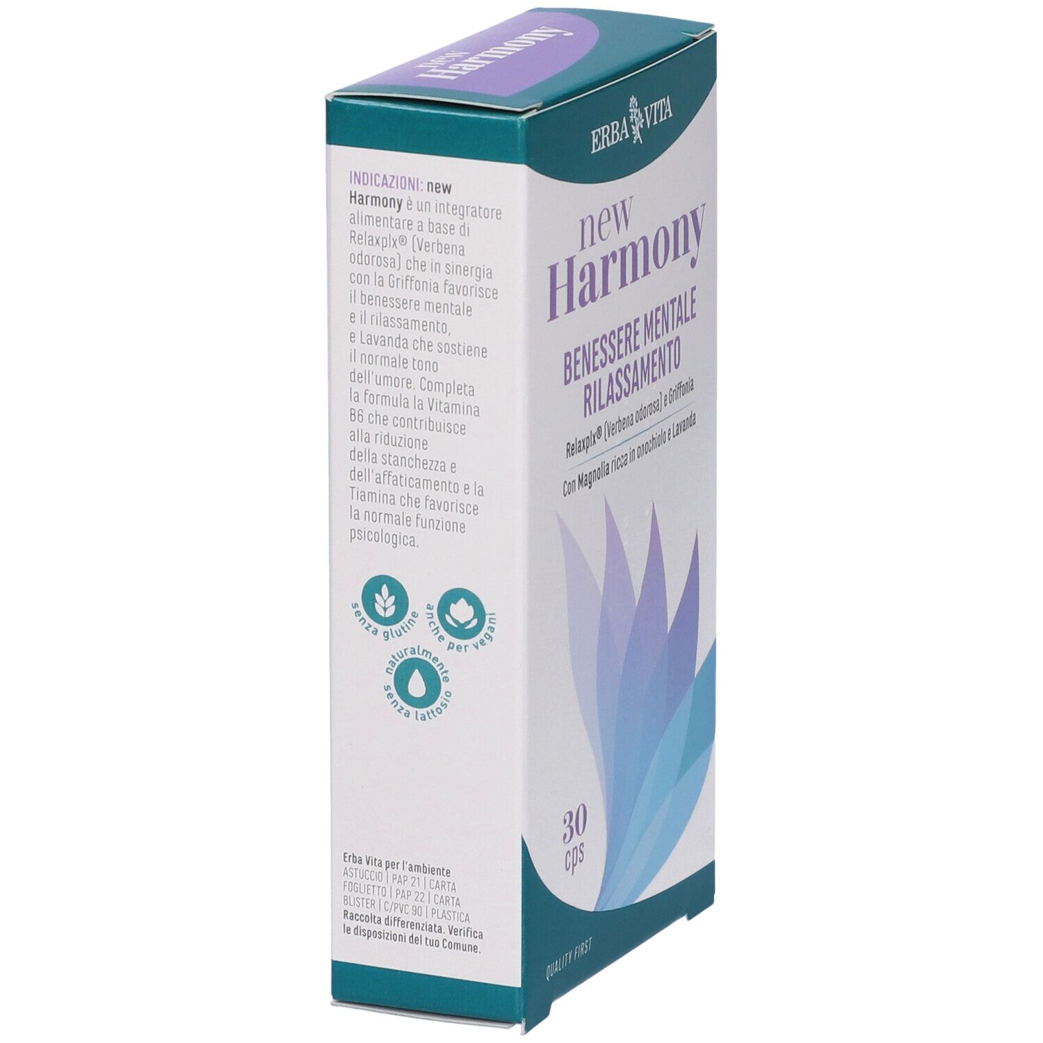 Scatola "New Harmony". Testo: "Benessere mentale rilassamento". Contiene 30 cps. Design verde e bianco con motivo floreale.
