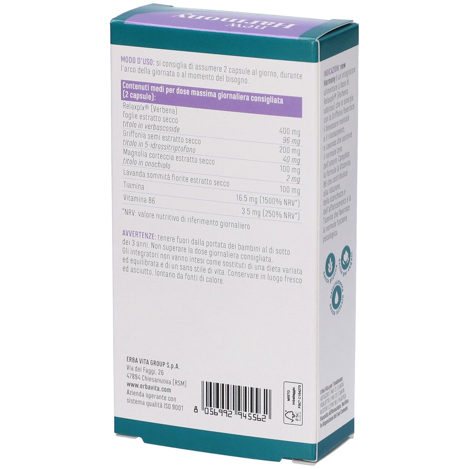 Retro della scatola "New Harmony". Contiene ingredienti e informazioni nutrizionali. Testo in italiano.