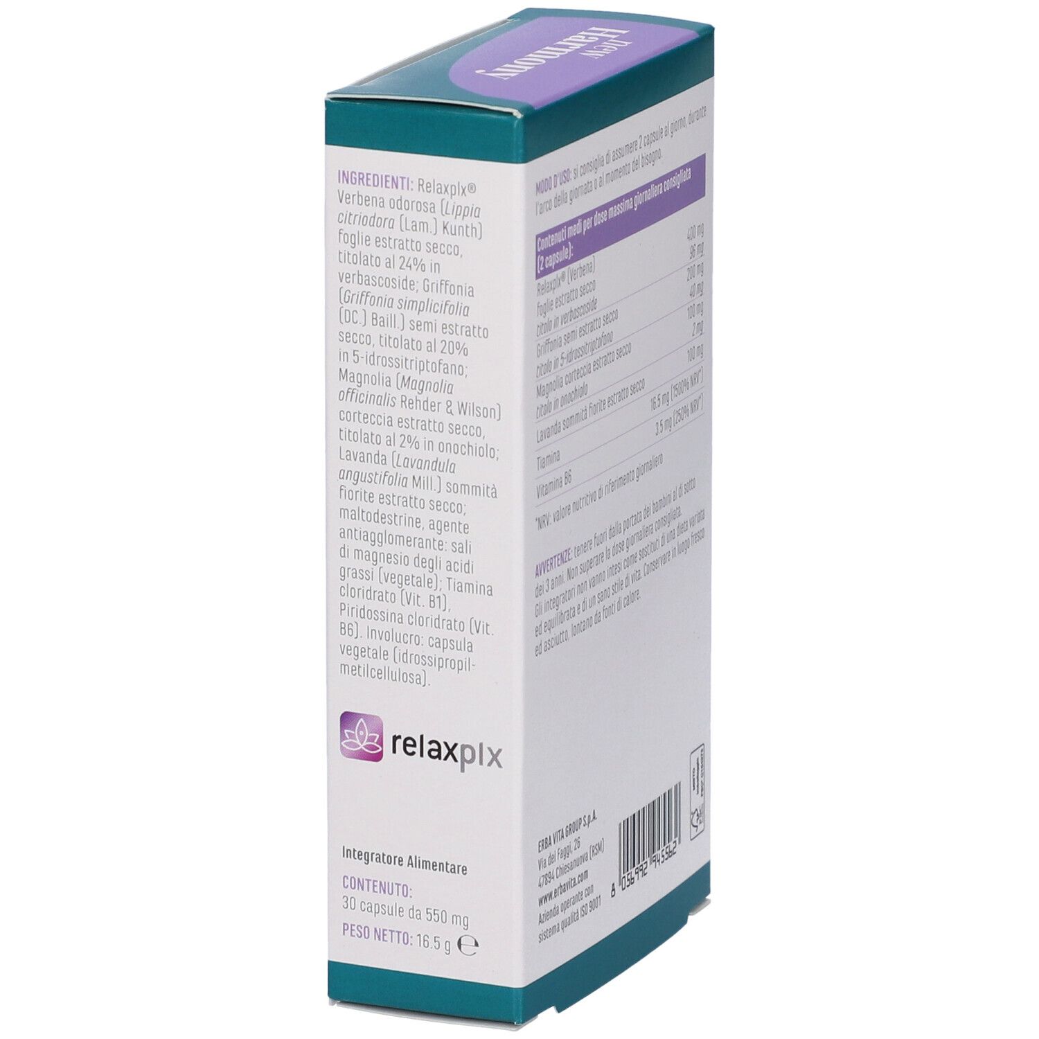 Lato della scatola "New Harmony". Contiene ingredienti e informazioni nutrizionali. Testo in italiano.