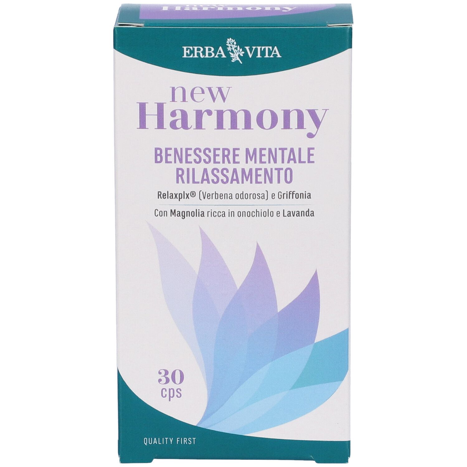 Scatola "New Harmony" con 30 cps. Testo: "Benessere mentale rilassamento". Design verde e bianco con motivo floreale.