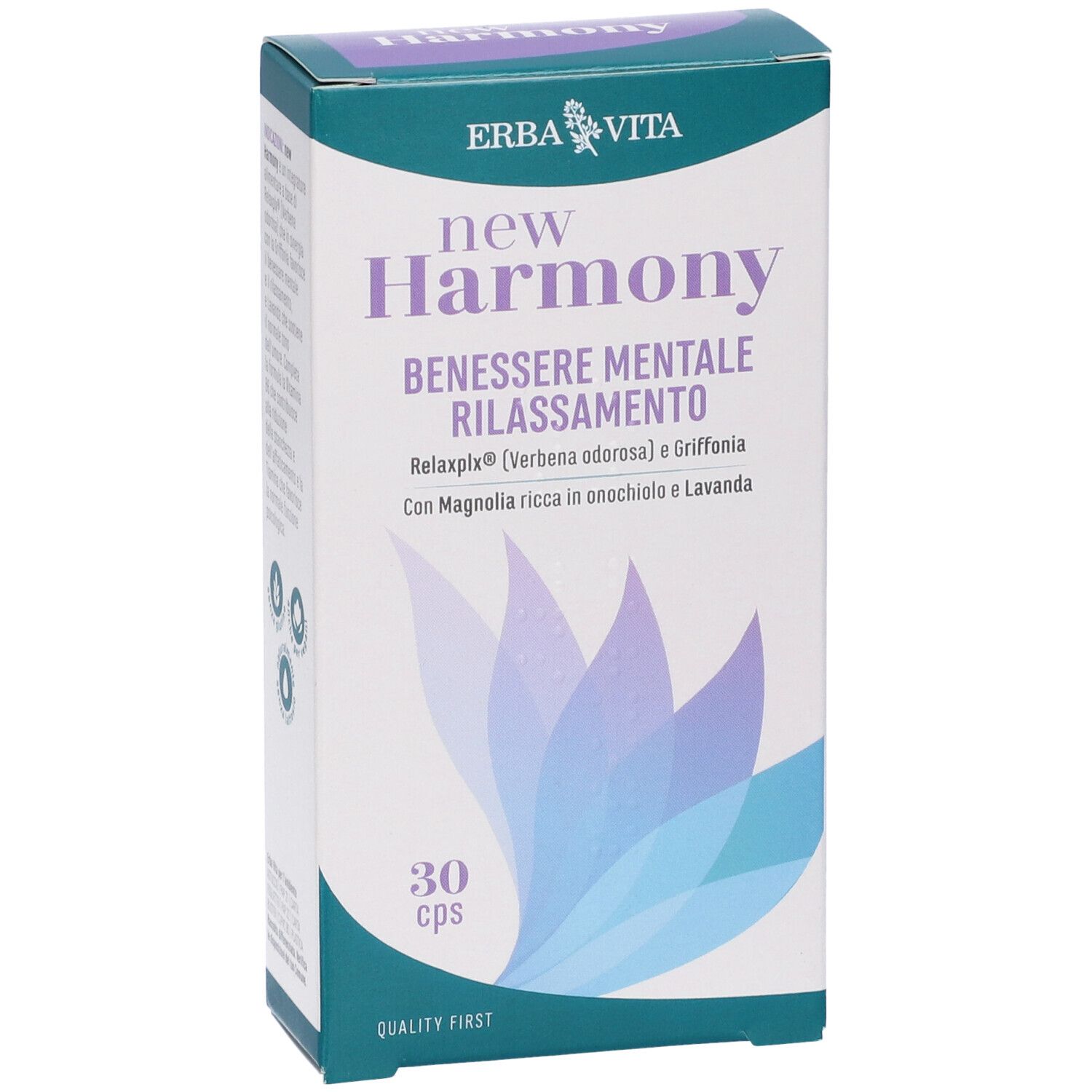 Scatola "New Harmony" con 30 cps. Testo: "Benessere mentale rilassamento". Design verde e bianco con motivo floreale.