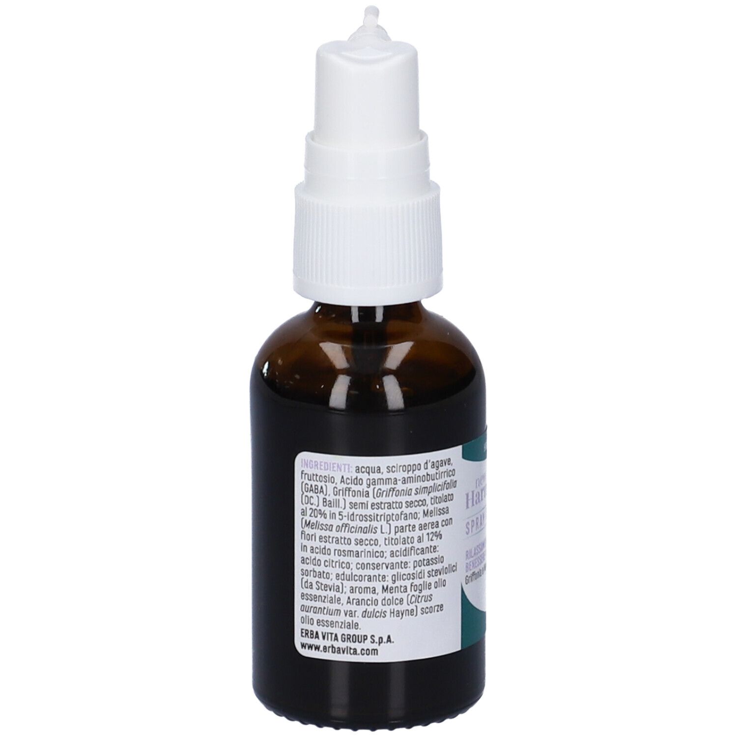 Flacone in vetro marrone con vaporizzatore bianco. Retro con elenco ingredienti e informazioni produttore.