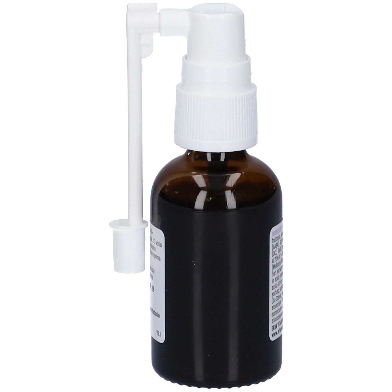 Flacone in vetro marrone con vaporizzatore bianco e applicatore. Prodotto visto da dietro.