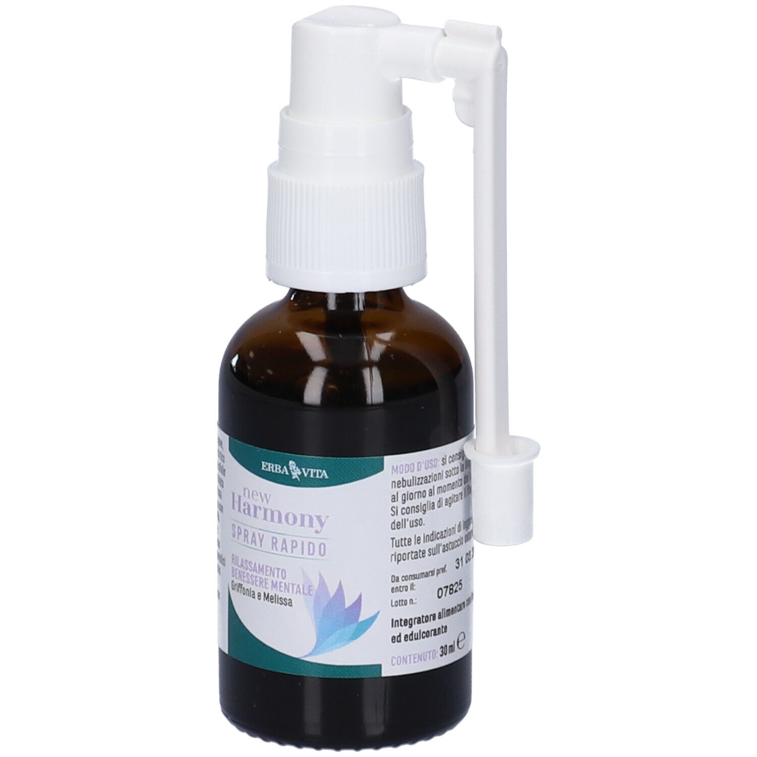 Flacone in vetro marrone con vaporizzatore bianco e applicatore. Scritta: New Harmony Spray Rapido. Logo Erba Vita.