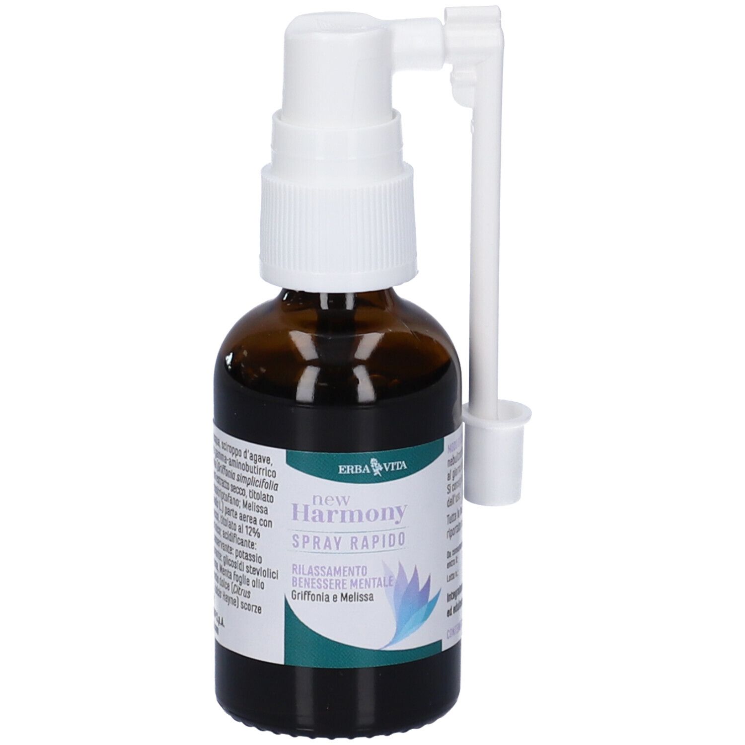 Flacone in vetro marrone con vaporizzatore bianco e applicatore. Scritta: New Harmony Spray Rapido. Logo Erba Vita.