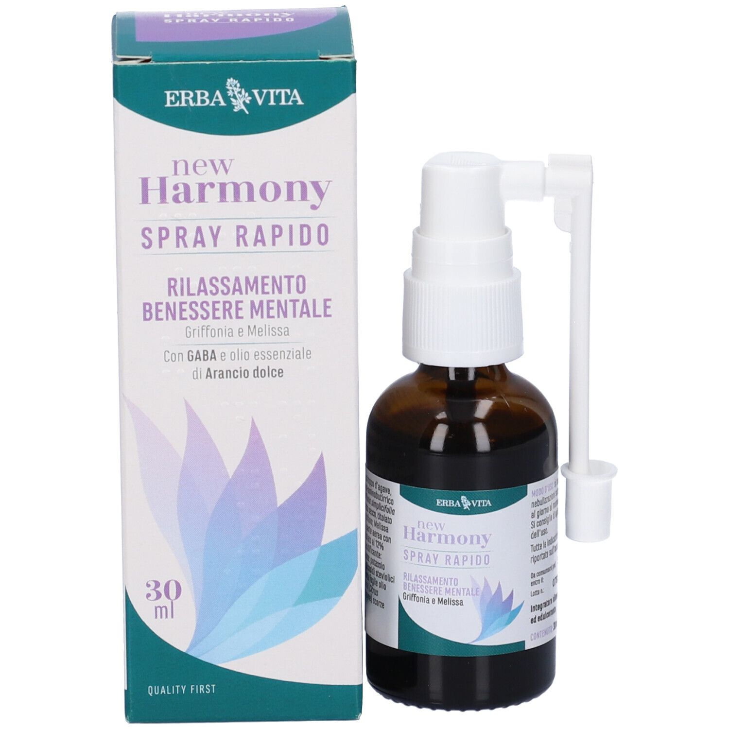 Confezione e flacone del prodotto. Scritta: New Harmony Spray Rapido. Logo Erba Vita. 30 ml.