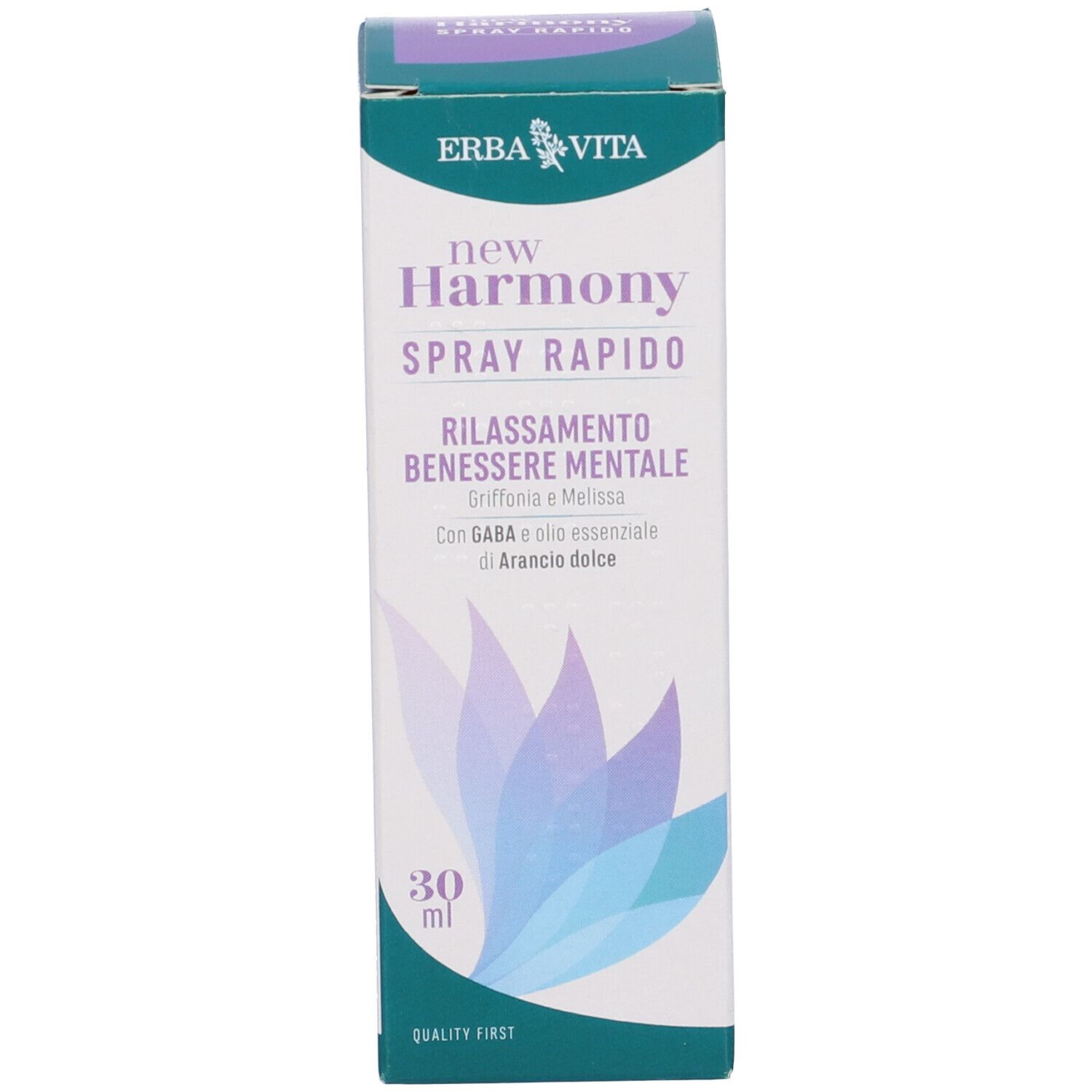 Confezione del prodotto. Scritta: New Harmony Spray Rapido. Logo Erba Vita. 30 ml.
