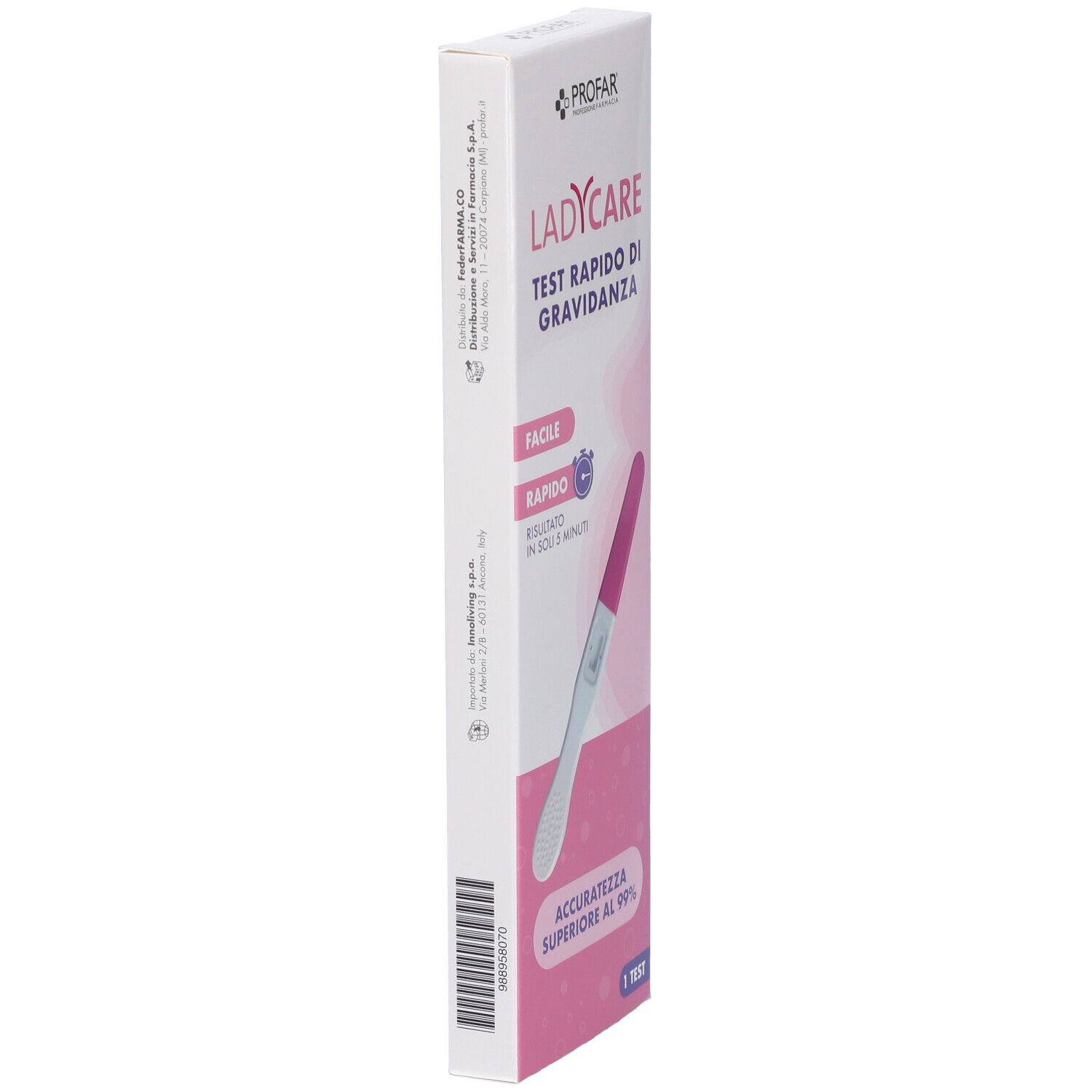 Confezione test gravidanza Profarm LadyCare, vista laterale con immagine del prodotto e testo.