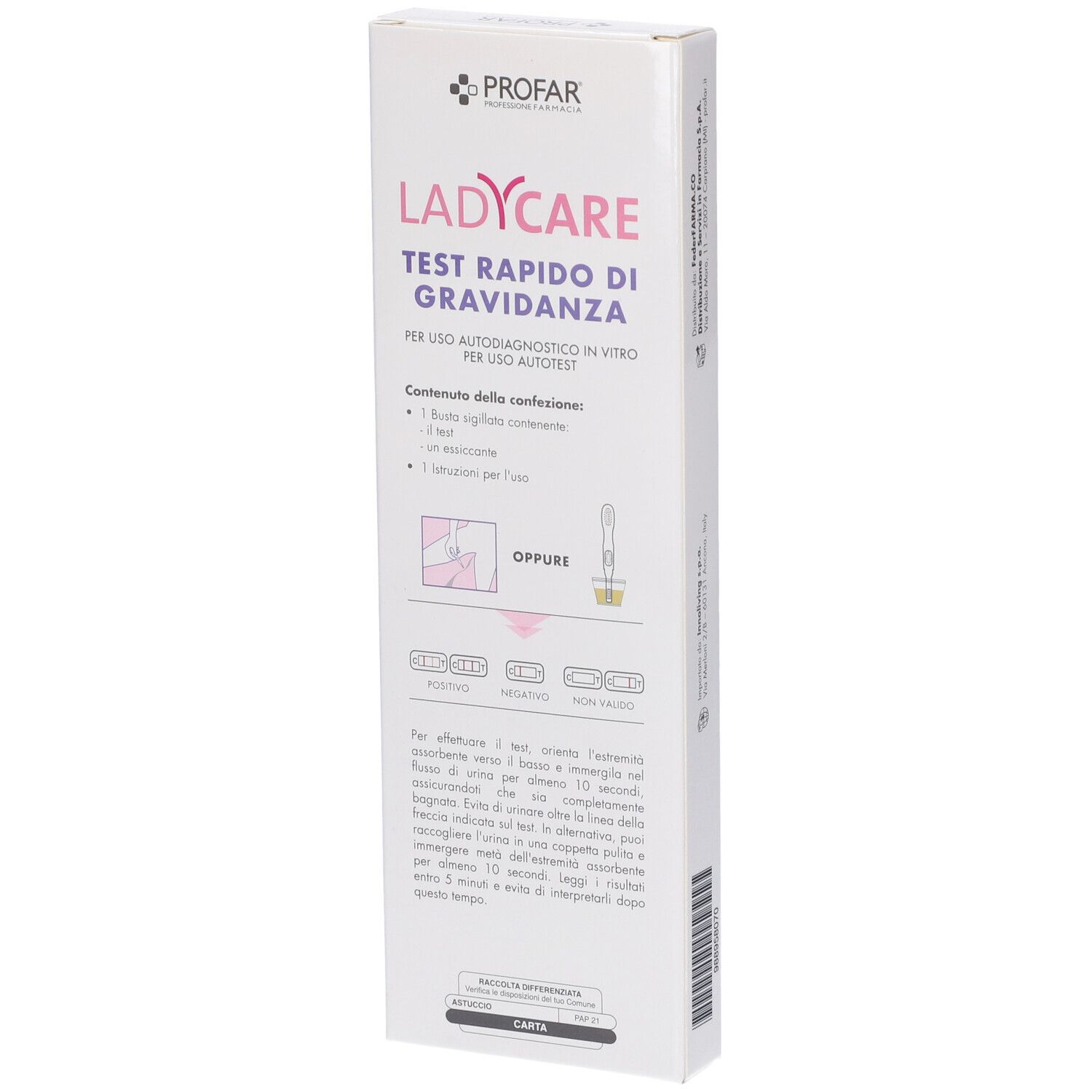 Confezione test gravidanza Profarm LadyCare, retro con istruzioni d'uso e contenuto.