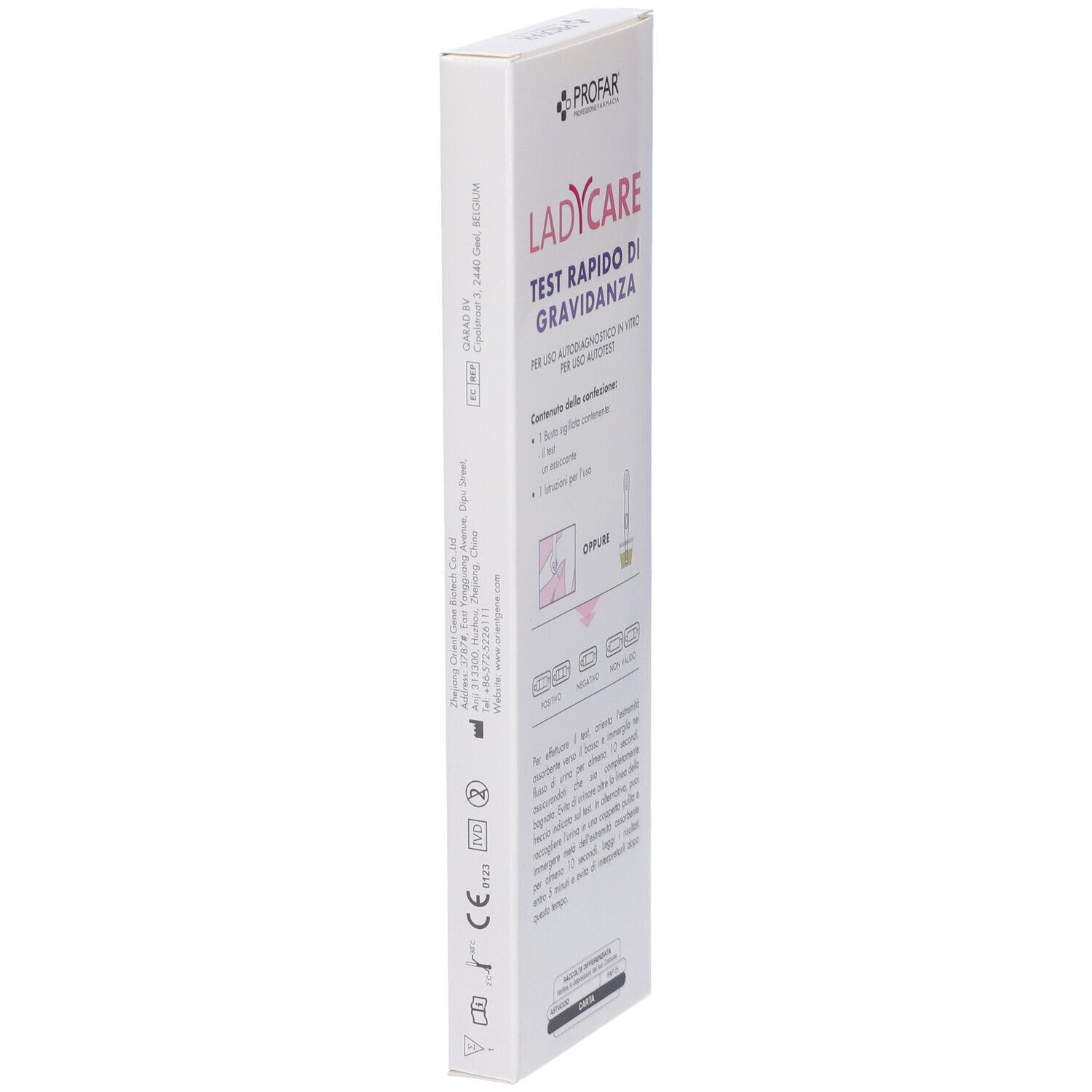 Confezione test gravidanza Profarm LadyCare, vista laterale con marchio CE e altri simboli.