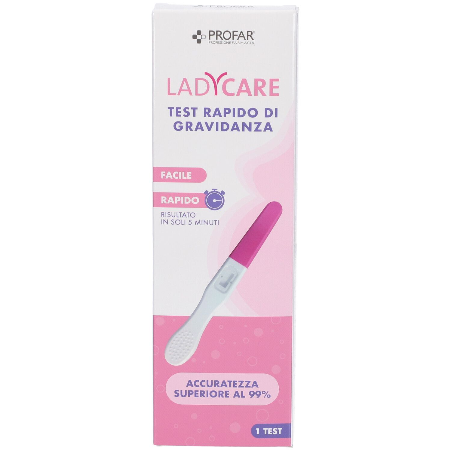 Confezione test gravidanza Profarm LadyCare con immagine di un test e testo su accuratezza e rapidità.