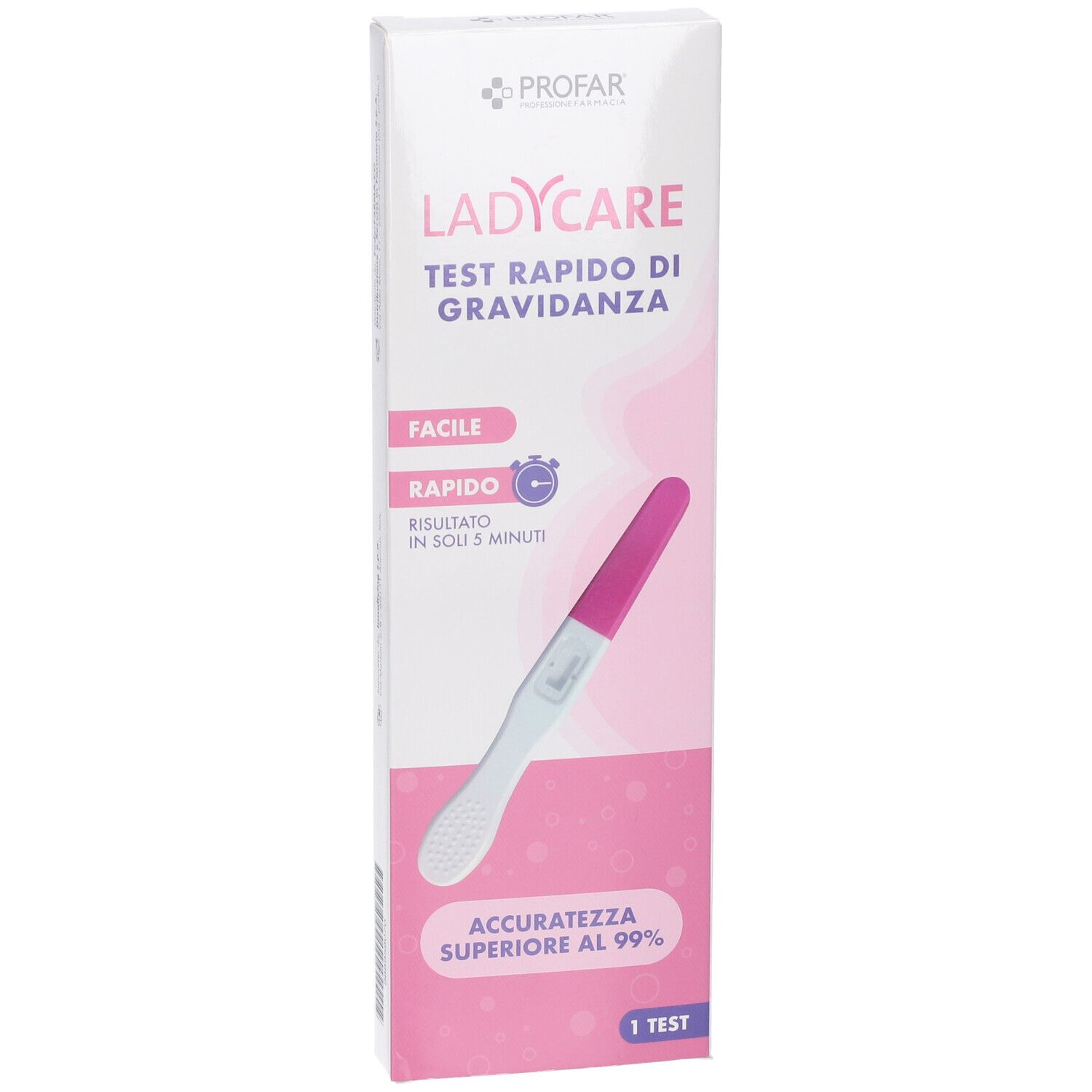 Confezione test gravidanza Profarm LadyCare con immagine di un test e testo su accuratezza e rapidità.
