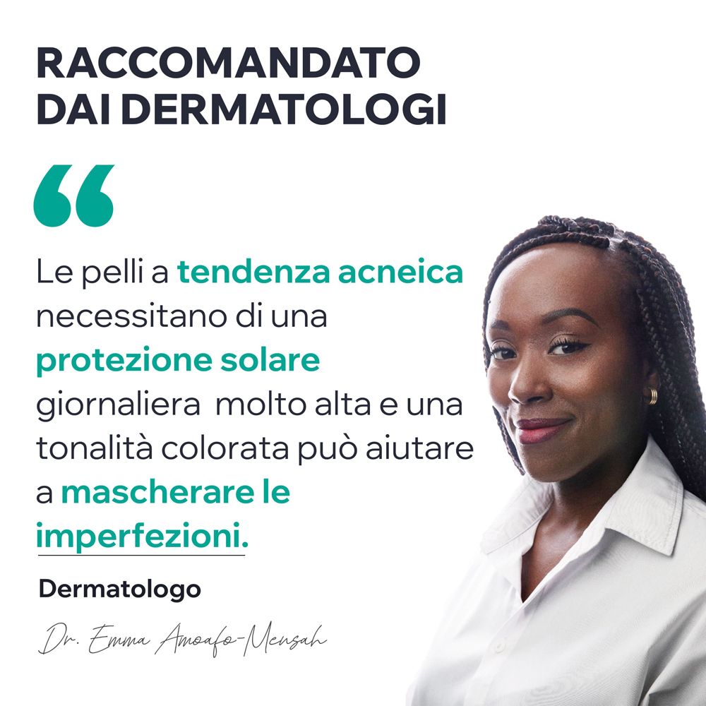 Ritratto di una donna. Testo: Raccomandato dai dermatologi. Protezione solare per pelli impure.