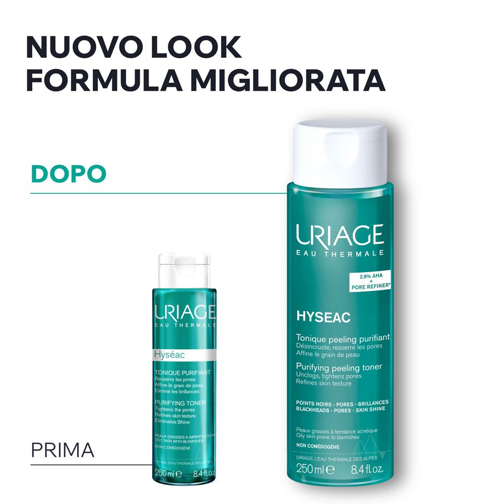Confronto prima-dopo. Uriage Hyseac Tonique Purifiant F, flacone verde. Formula migliorata.