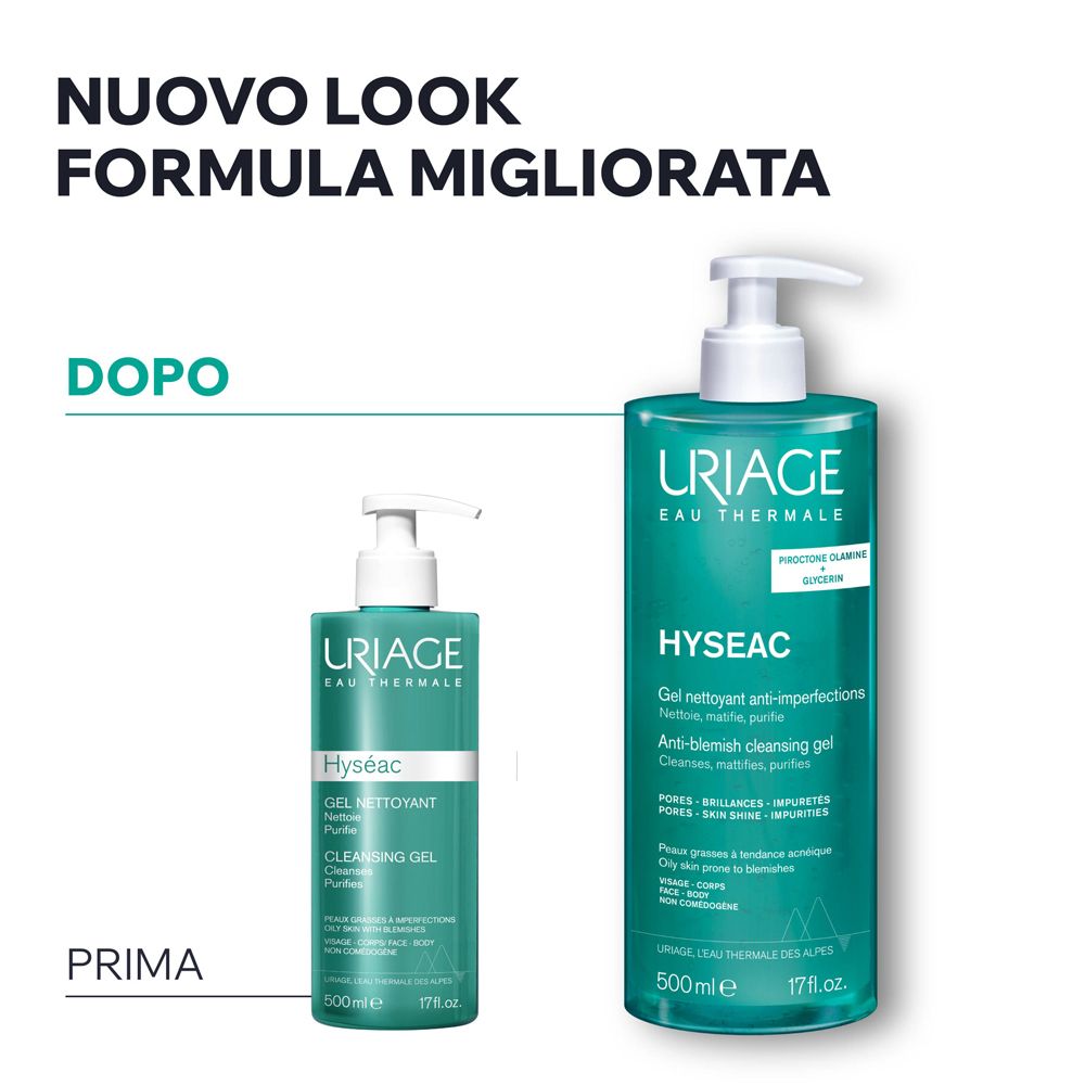 Confronto prima-dopo. Uriage Hyseac Gel. Testo: Nuovo look, formula migliorata.