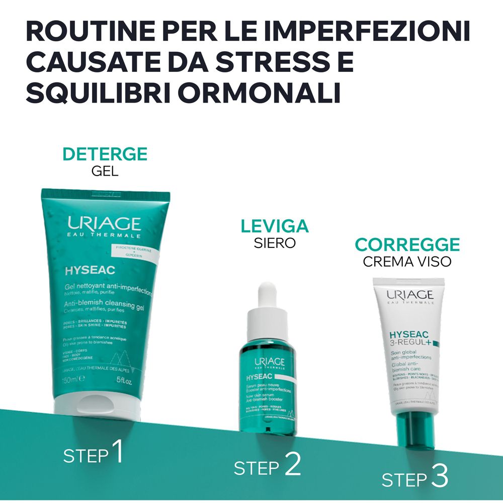 Tre prodotti. Testo: Gel detergente, siero, crema viso. Fase 1, 2, 3.