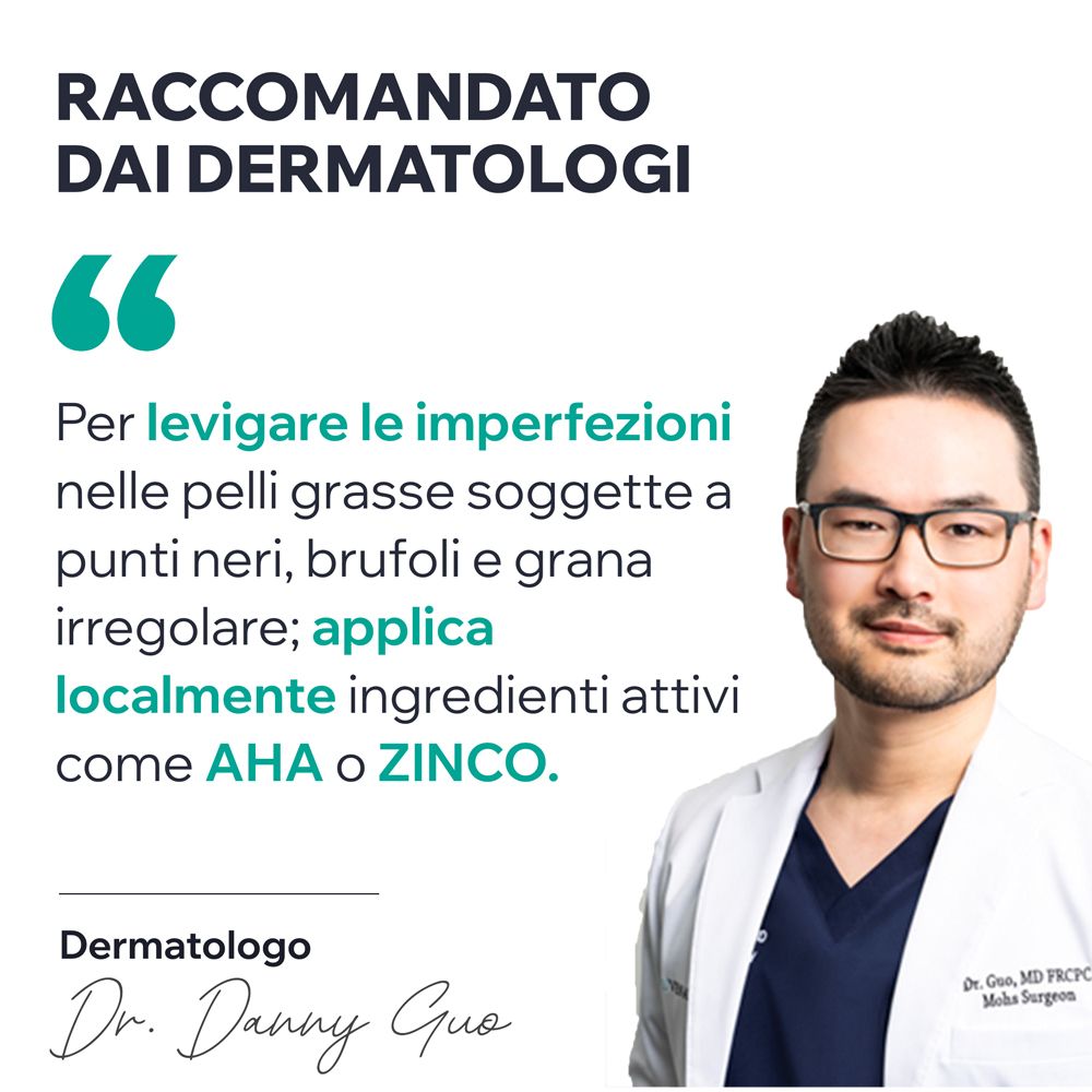 Medico con testo. Testo: Raccomandato dai dermatologi. Applicazione di AHA o zinco.