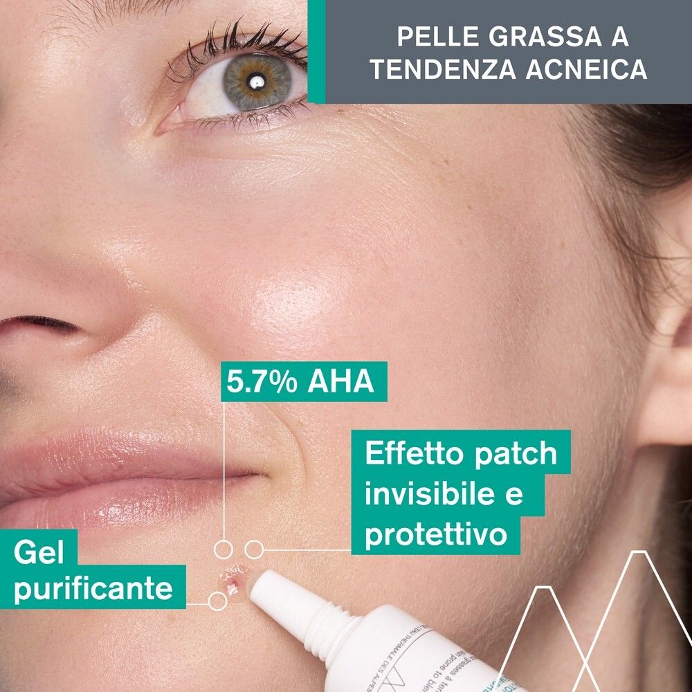 Viso con imperfezioni cutanee. Testo: 5,7% AHA, Gel purificante, Effetto patch invisibile e protettivo.