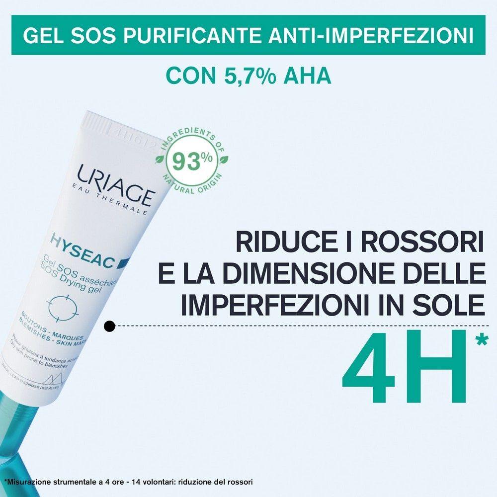 Uriage Hyseac Gel SOS. Testo: Riduce i rossori e le dimensioni delle imperfezioni in 4 ore.