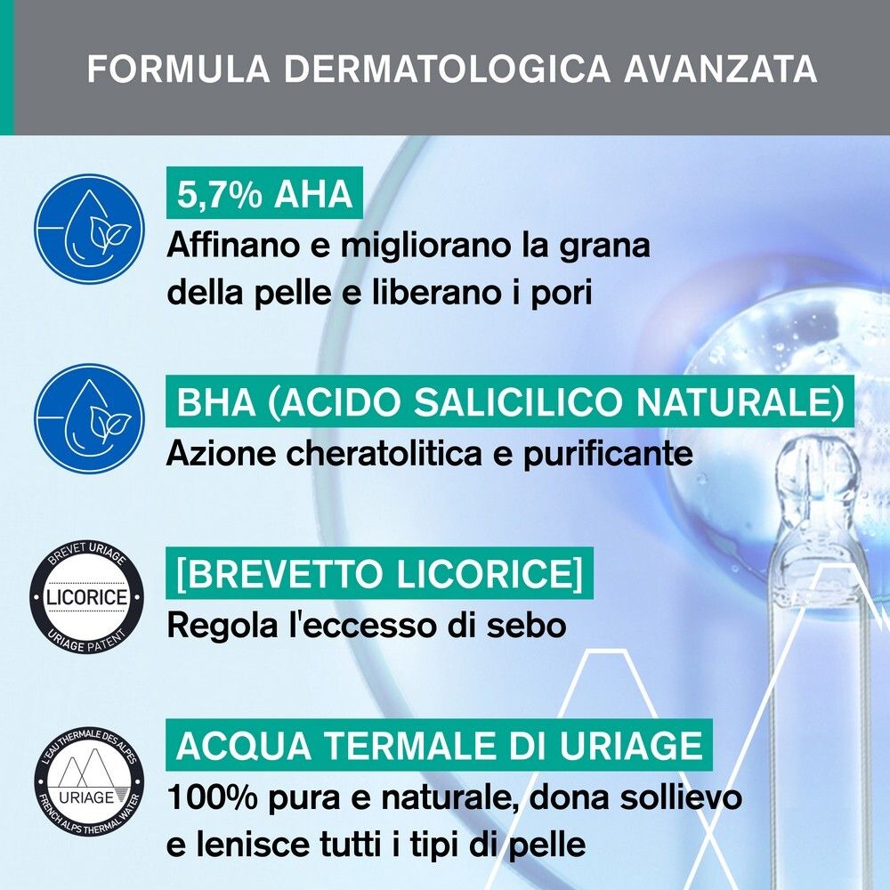 Infografica con ingredienti. Testo: 5,7% AHA, BHA, Brevetto Licorice, Acqua Termale di Uriage.