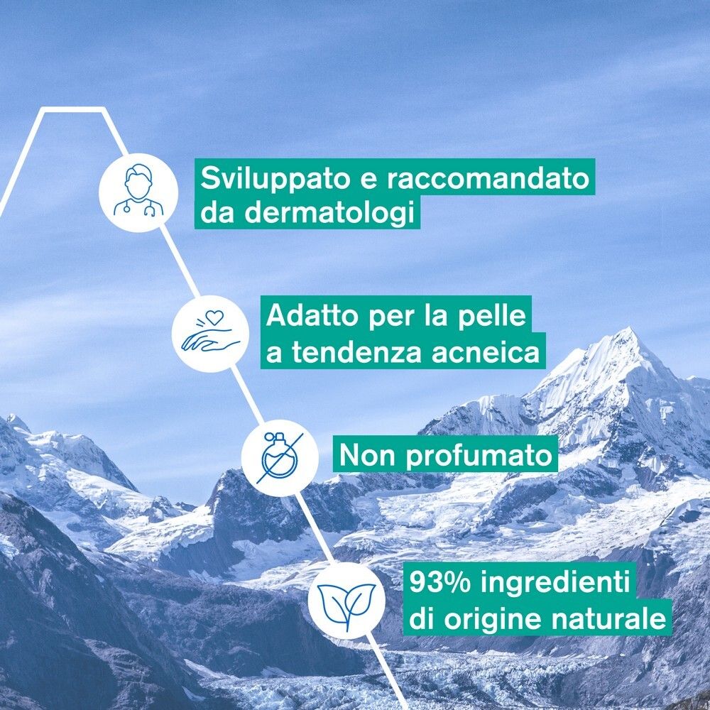 Infografica. Testo: Sviluppato e raccomandato da dermatologi, adatto per la pelle a tendenza acneica, non profumato, 93% ingredienti naturali.