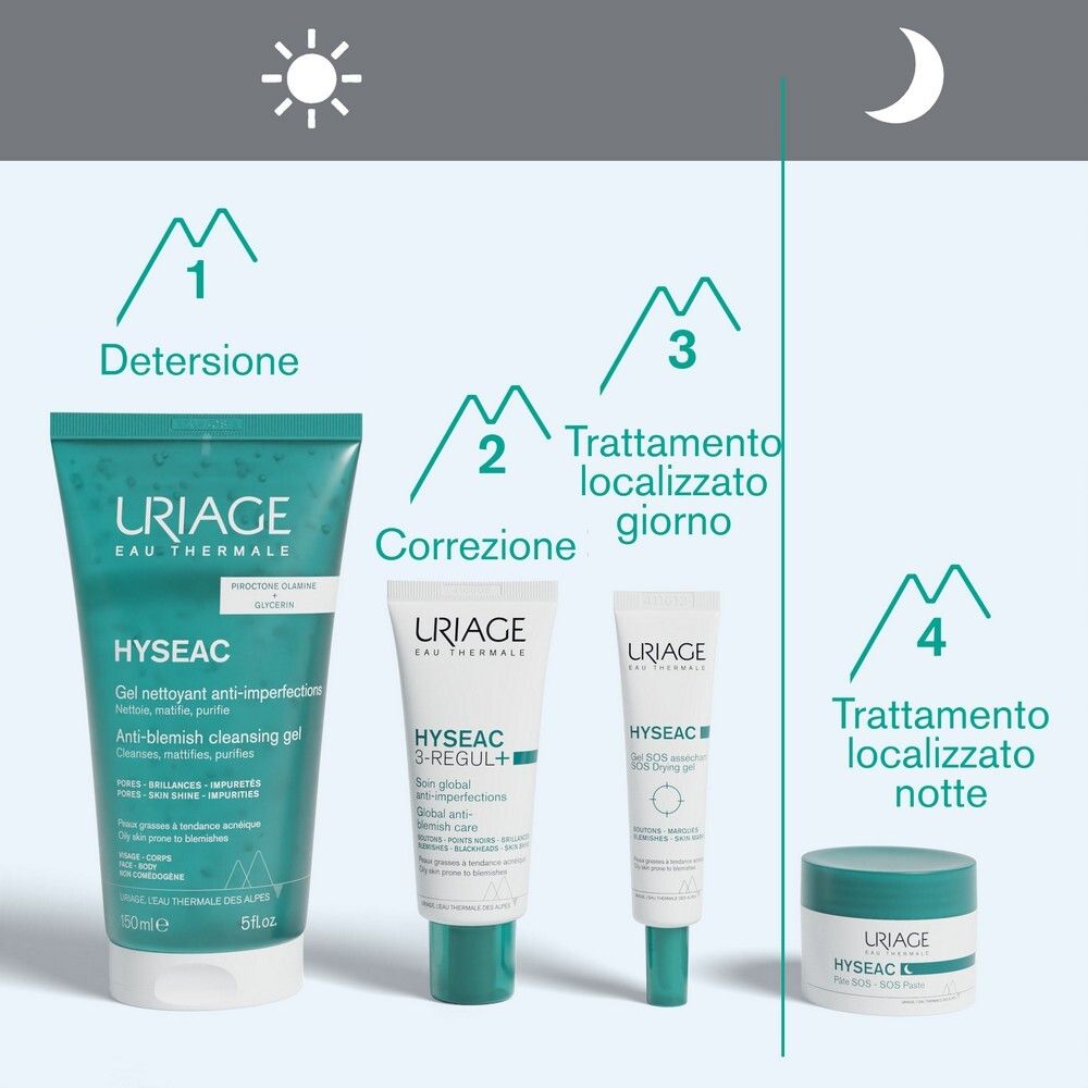 Gamma Uriage Hyseac. Gel detergente, 3-Regul+, Gel SOS, Crema.
