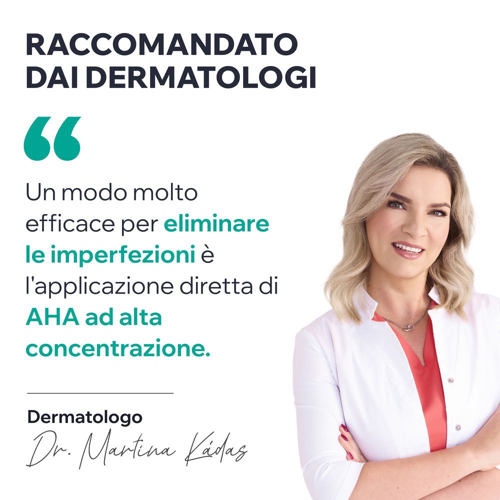 Una dermatologa parla. Testo: Un modo molto efficace per eliminare le imperfezioni è l'applicazione diretta di AHA ad alta concentrazione.