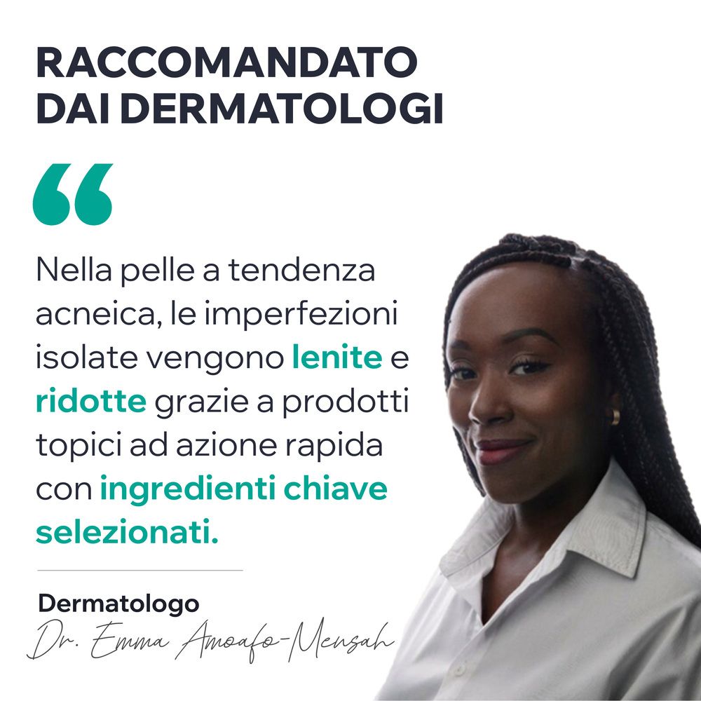 Donna dalla pelle scura. Testo: Raccomandato dai dermatologi. Testo: Le imperfezioni sono ridotte.