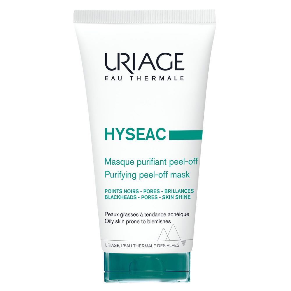 Tubo bianco, tappo verde. Scritta: Uriage, Hyseac, maschera peel-off. Per pelli impure.