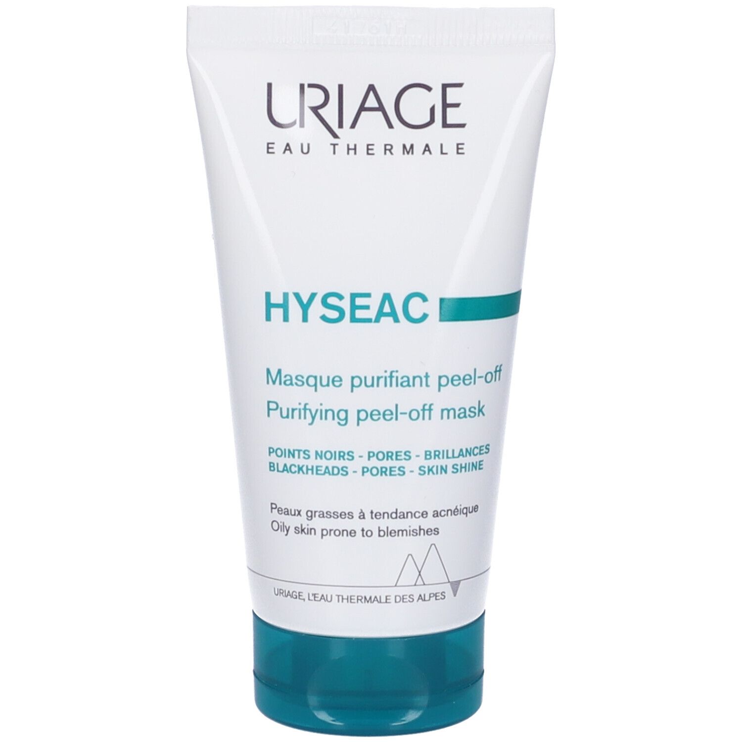 Tubo bianco Uriage Hyseac. Testo: Maschera peel-off purificante. Per pelli grasse a tendenza acneica. Tappo verde.