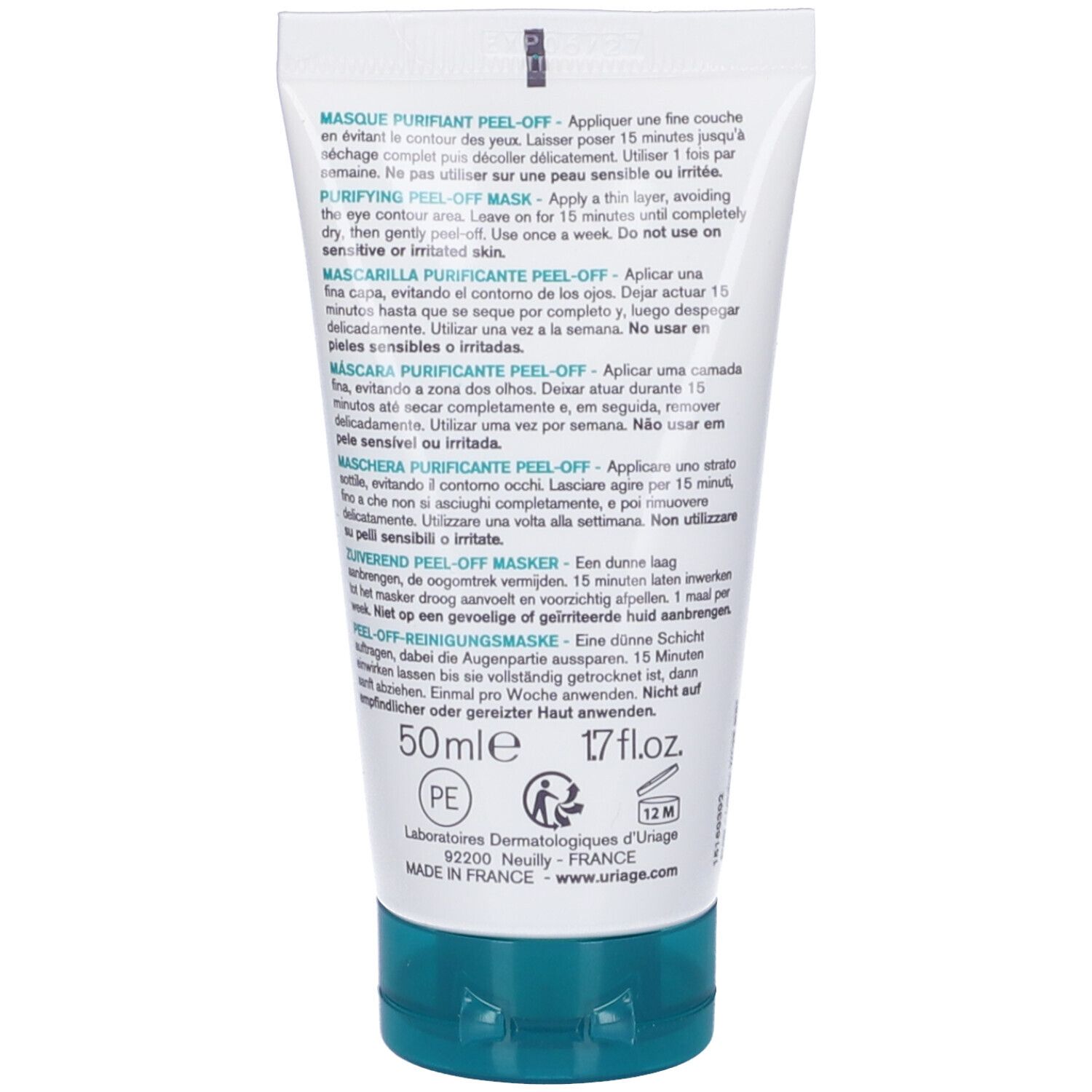 Retro della maschera Uriage Hyseac. Testo multilingue. 50ml. Prodotto in Francia. Tappo verde.