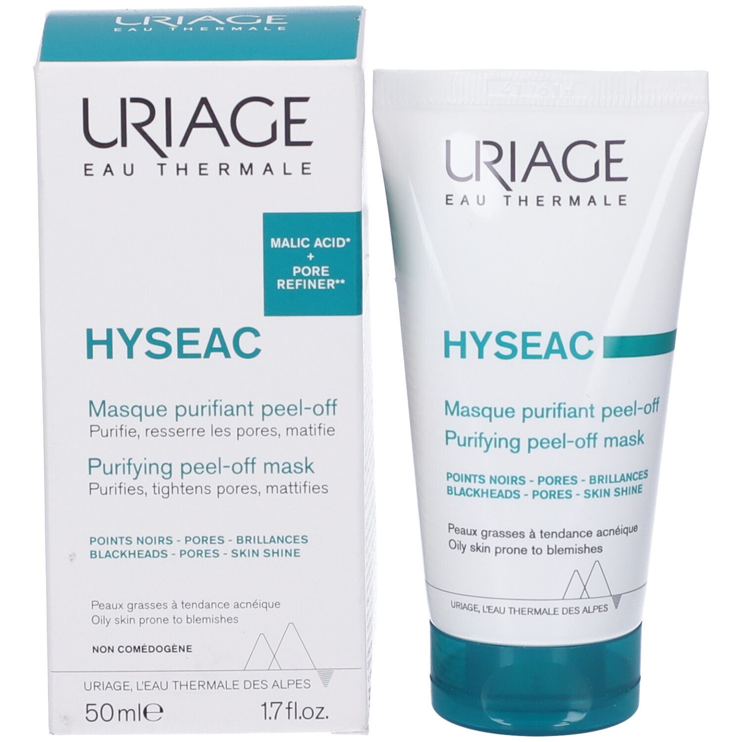 Maschera Uriage Hyseac e confezione. Testo: Maschera peel-off purificante. 50ml. Non comedogeno.