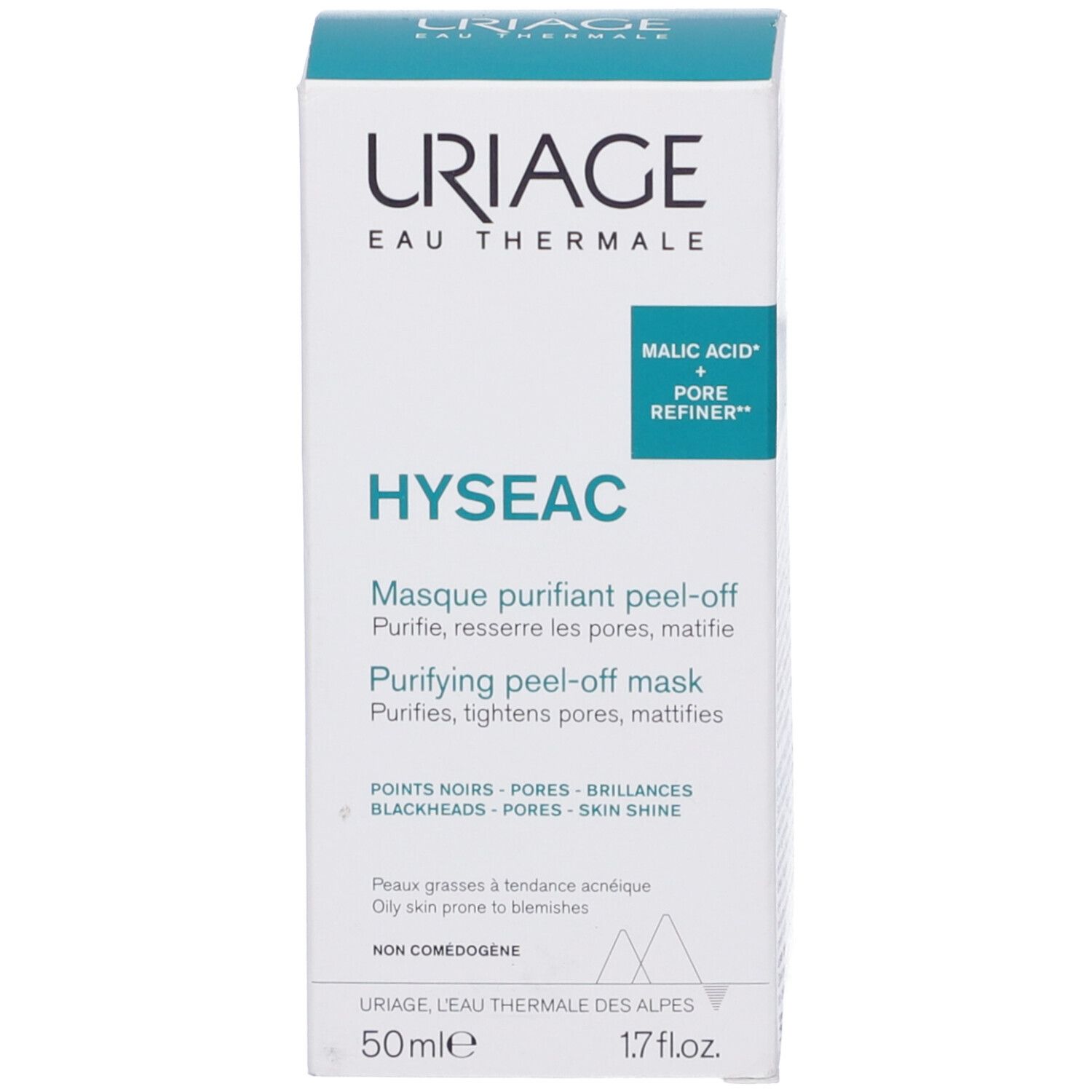 Confezione maschera Uriage Hyseac. Testo: Maschera peel-off purificante. 50ml. Non comedogeno.