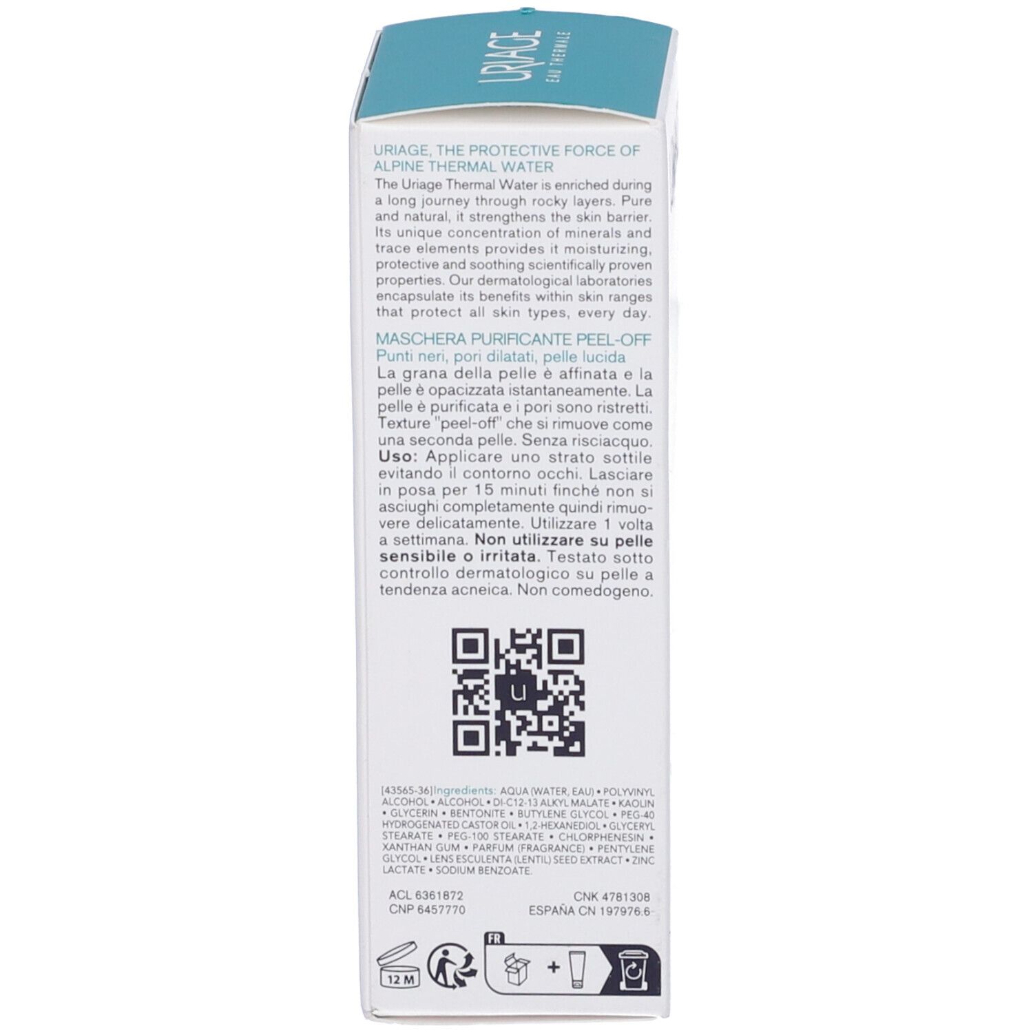 Retro della confezione Uriage Hyseac. Testo multilingue. Codice QR. 12M.