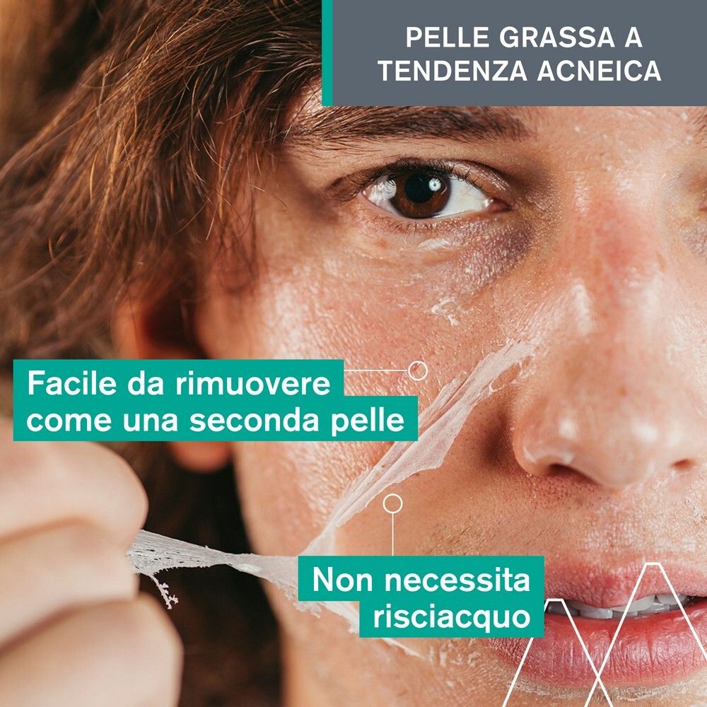 Persona che rimuove una maschera peel-off. Testo: Facile da rimuovere come una seconda pelle. Non necessita risciacquo.