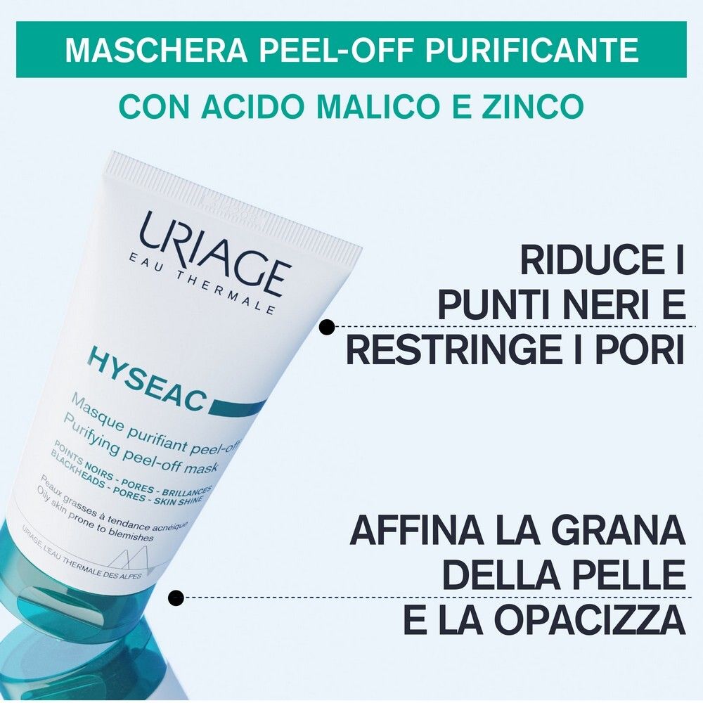Tubo con testo e illustrazioni. Testo: Riduce i punti neri e restringe i pori. Affina la grana della pelle.