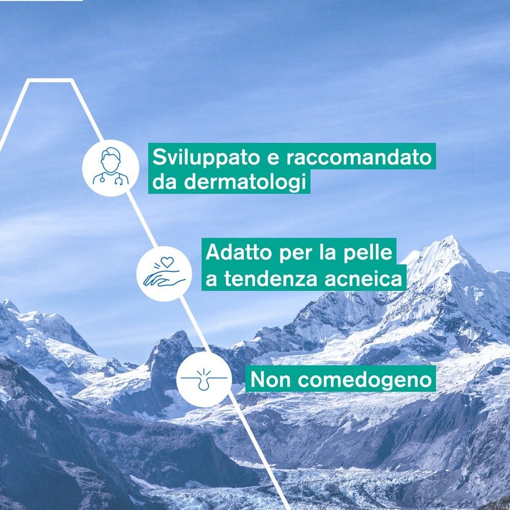 Grafica con testo. Sviluppato e raccomandato da dermatologi. Adatto per la pelle a tendenza acneica. Non comedogeno.