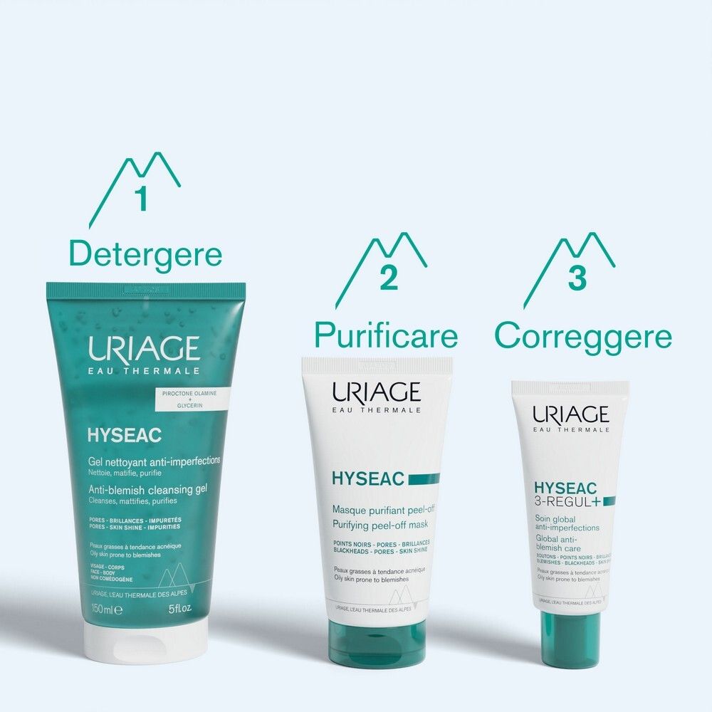Tre tubi. Uriage Hyseac gel detergente, maschera peel-off e crema S-Regul+. Testo: Detergere, Purificare, Correggere.