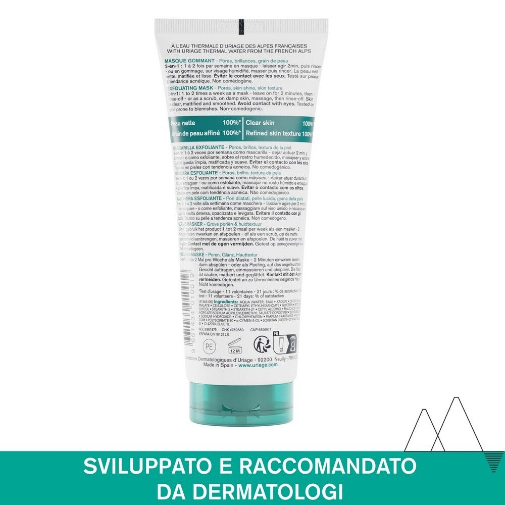 Retro del tubo. Testo multilingue. Informazioni sull'uso e gli ingredienti. Tappo verde.