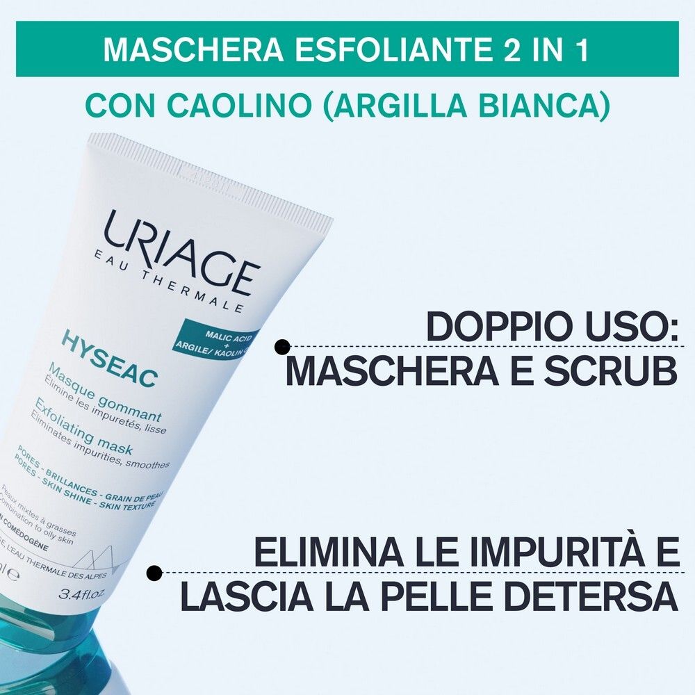 Tubo con testo: Maschera esfoliante 2 in 1 con caolino (argilla bianca). Doppia uso: maschera e scrub. Elimina le impurità.