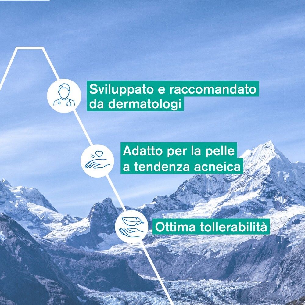 Grafico con testo: Sviluppato e raccomandato da dermatologi, Adatto per la pelle a tendenza acneica, Ottima tollerabilità. Italiano.