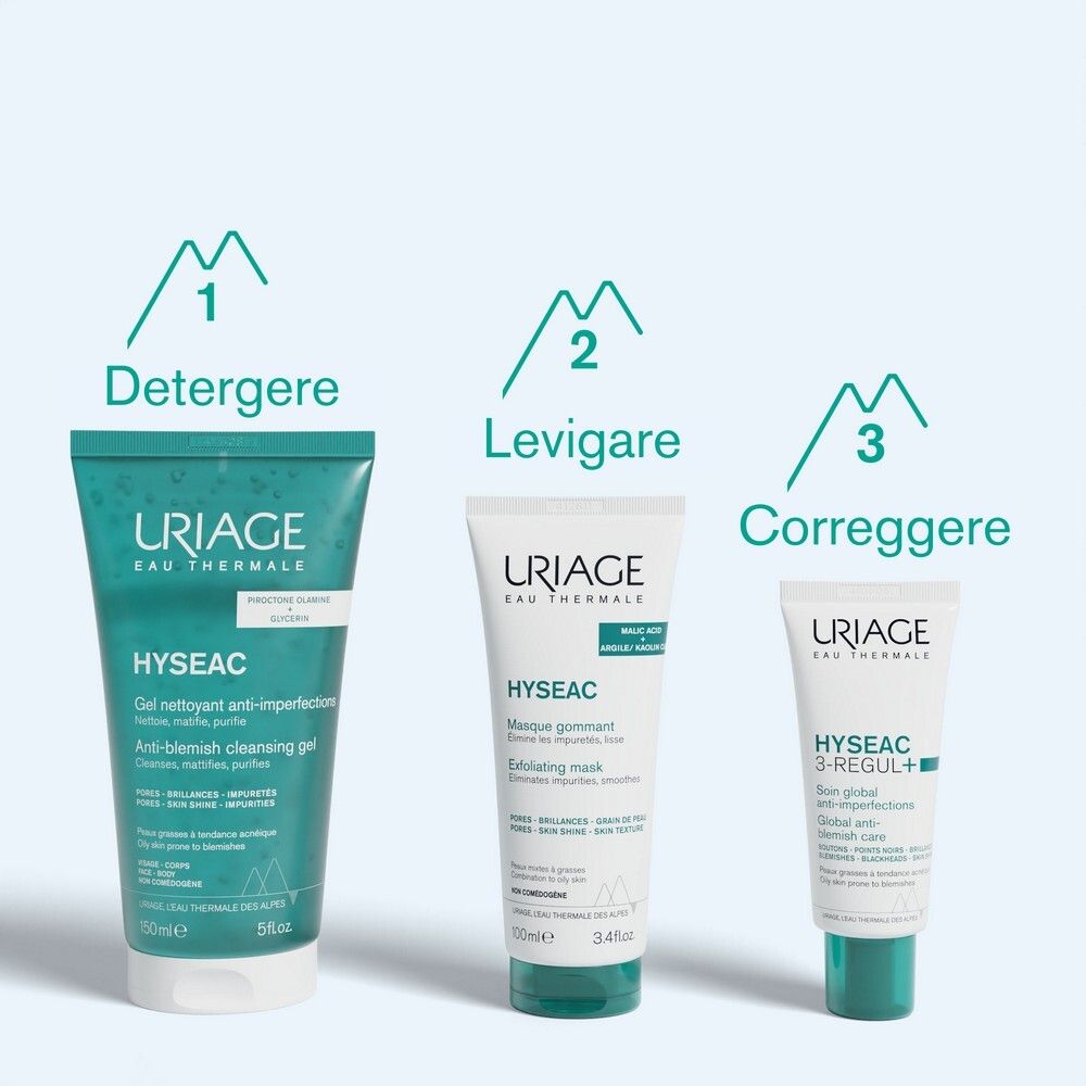 Tre prodotti affiancati. Uriage Hyseac Gel nettoyant, Masque gommant, Hyseac 3-Regul+. Testo in francese.
