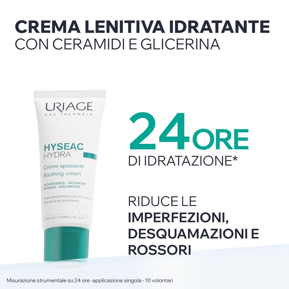 Uriage Hyseac Hydra crema e testo. Testo: Crema lenitiva idratante con ceramidi e glicerina. 24 ore di idratazione.