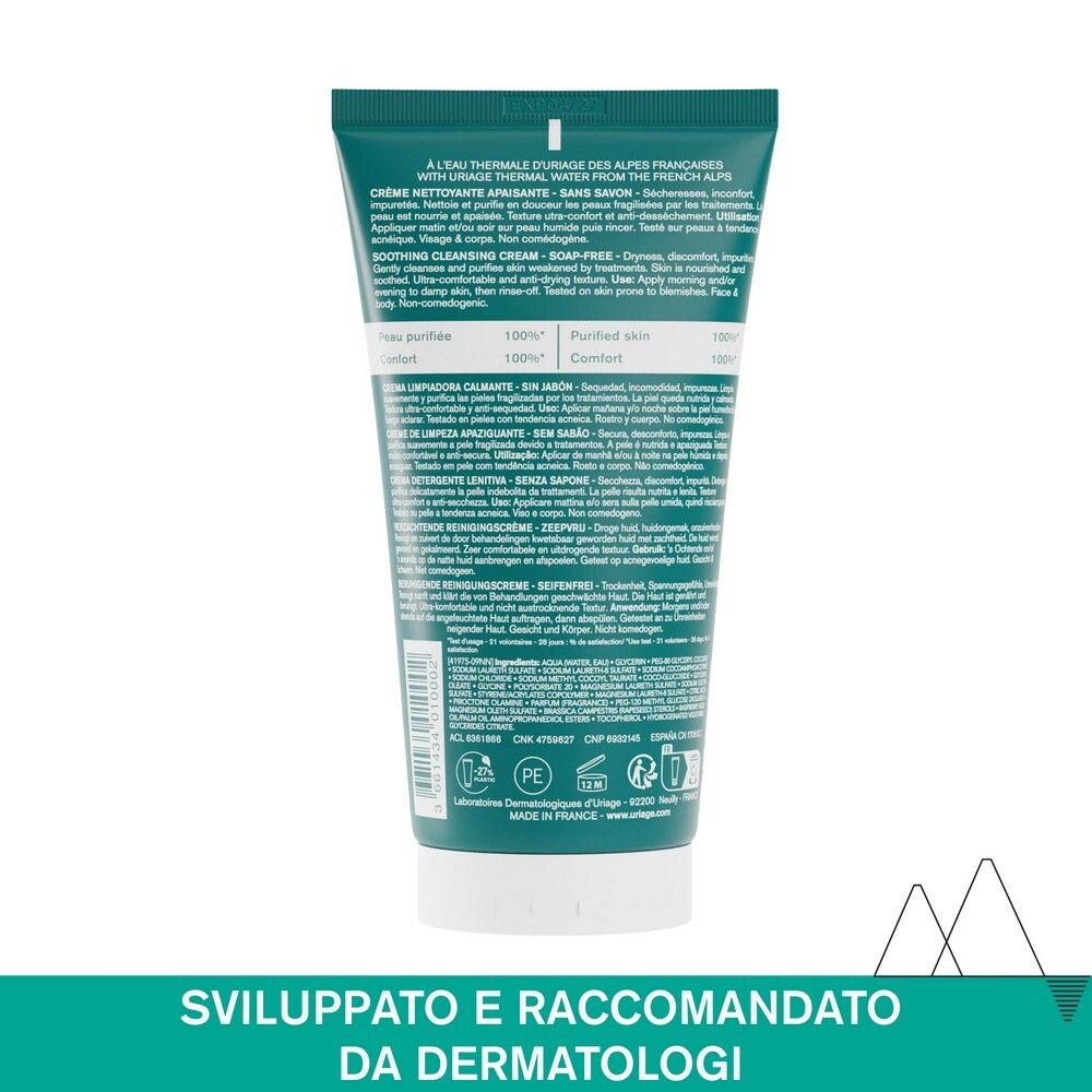 Retro del tubo di crema detergente Uriage Hyséac Hydra. Testo multilingue. Prodotto in Francia.