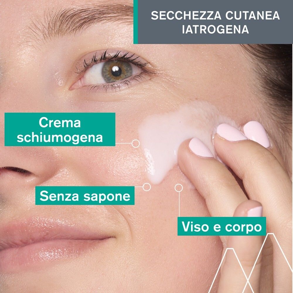 Primo piano di una donna che applica la crema sul viso. Testo: Crema schiumogena, Senza sapone, Viso e corpo.