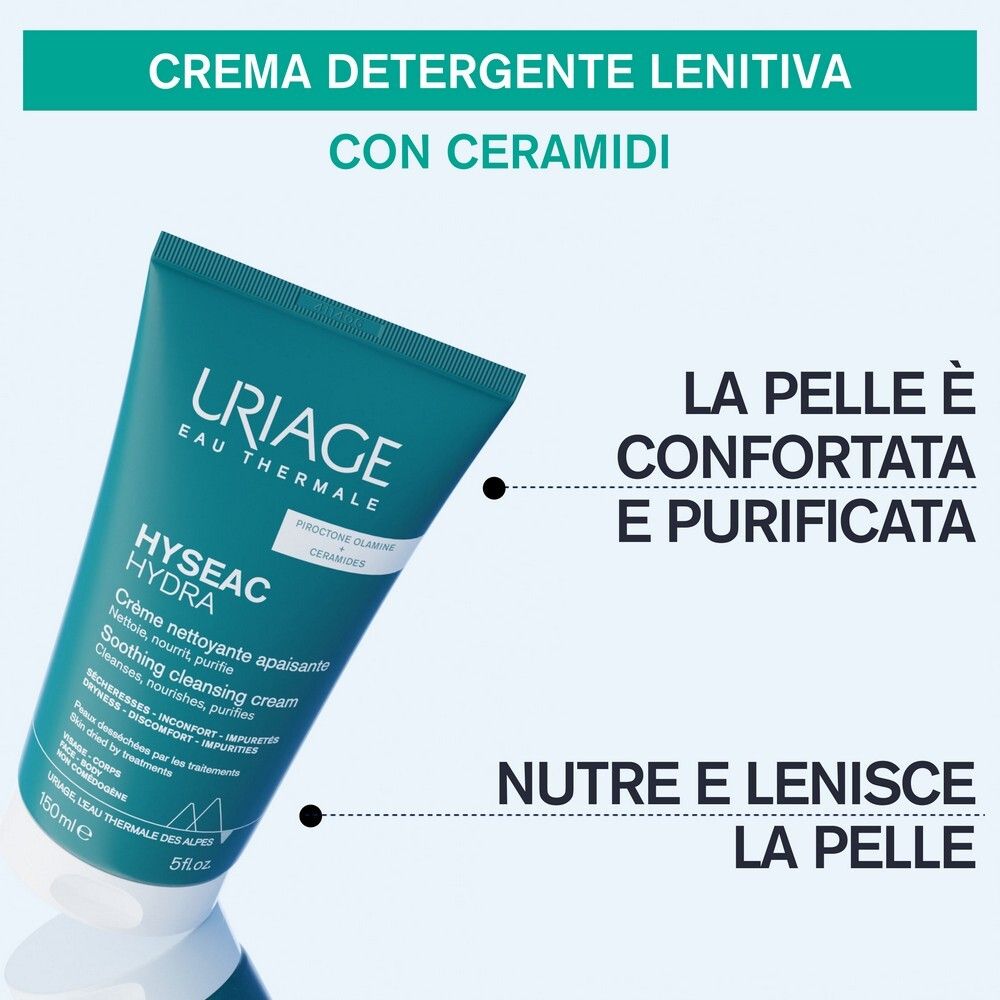 Tubo Uriage Hyséac Hydra crema detergente. Testo: Crème nettoyante apaisante, con ceramidi. Testo: La pelle è confortata e purificata.