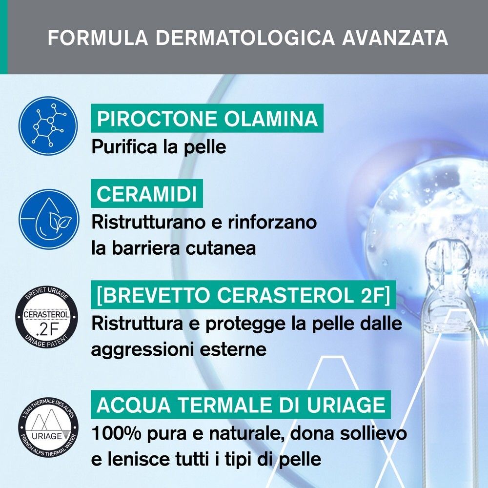Rappresentazione grafica degli ingredienti della formula Uriage Hyséac Hydra. Testo: Piroctone Olamine, Ceramidi, Acqua Termale di Uriage.