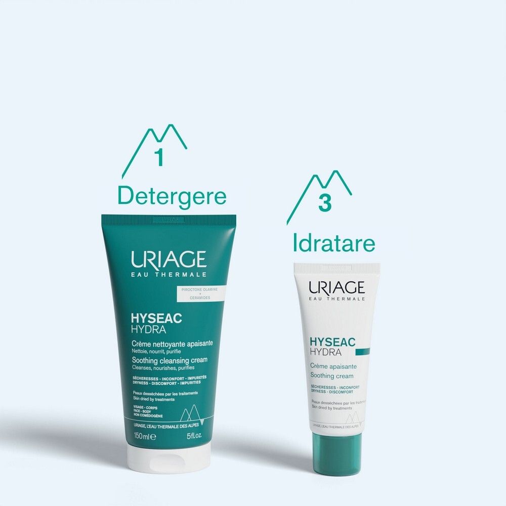 Confronto tra due prodotti Uriage Hyséac Hydra: crema detergente e crema lenitiva.