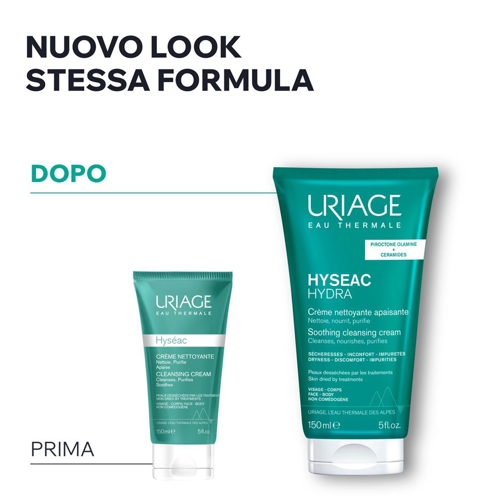 Due tubi affiancati. Testo: NUOVO LOOK STESSA FORMULA. Prima: tubo piccolo. Dopo: tubo grande.